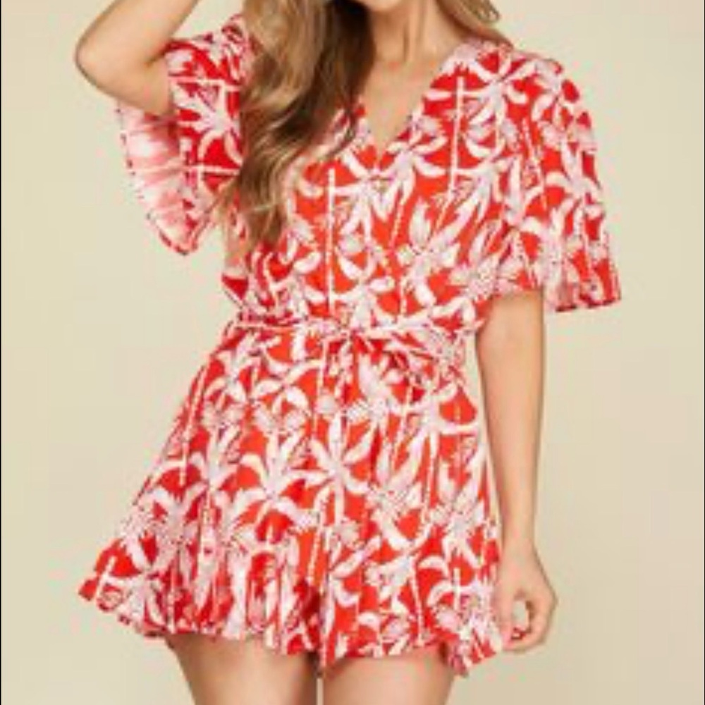 She + Sky Red and White Leaf Print Romper